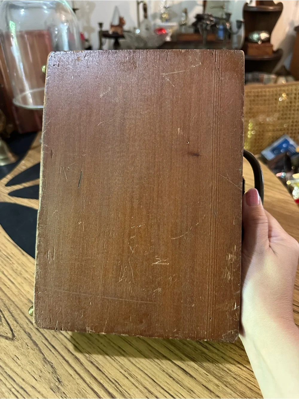 Vintage English leather wood box - handpainted and lined with daisy fabric